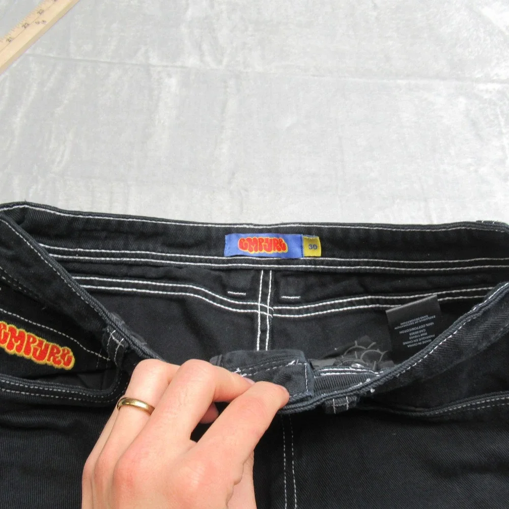Empyre Y2K Jeans Mens 32x28 Black Denim Wide Leg Contrast Stitch Skate‎ Relaxed
